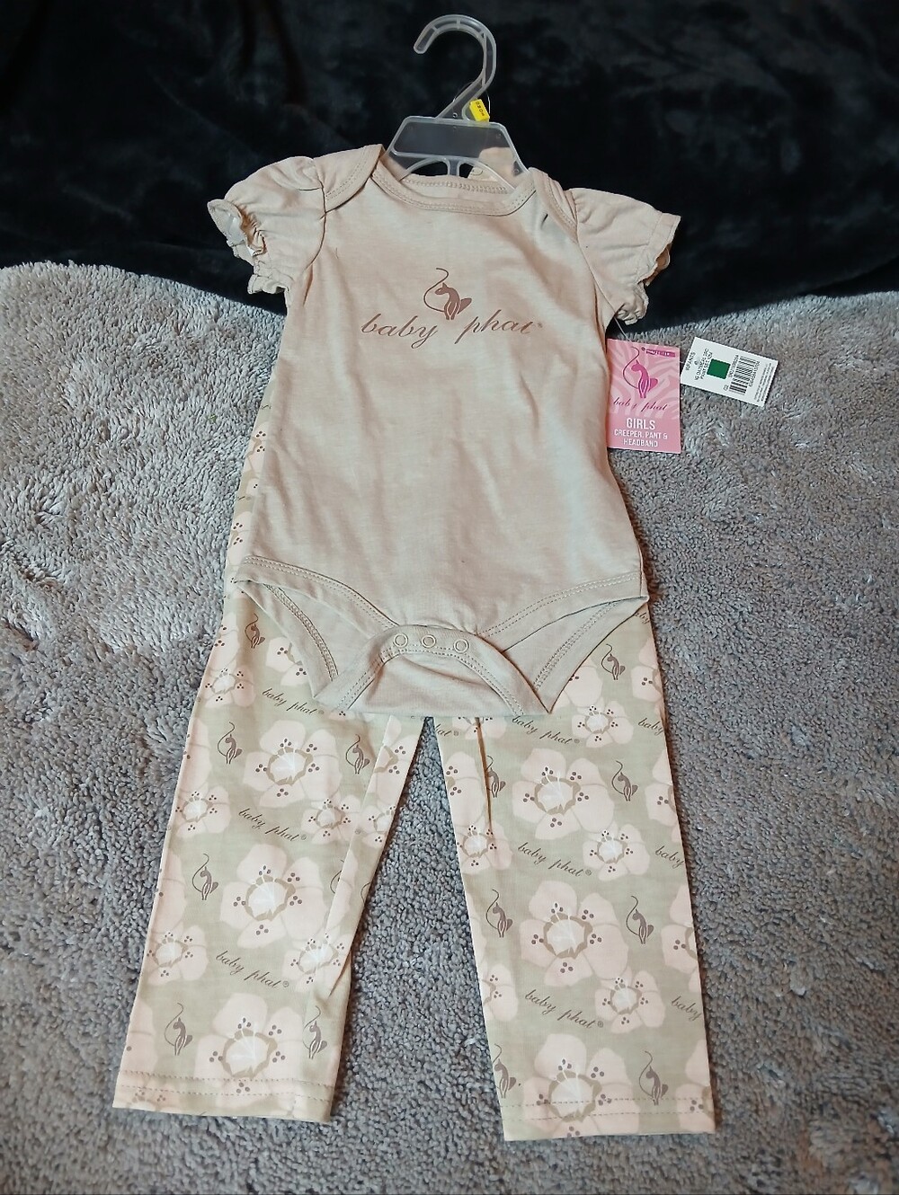 Baby Phat Girls NWT 3PC Beige Bodysuit Floral Pants & Headband Set - Size 12M